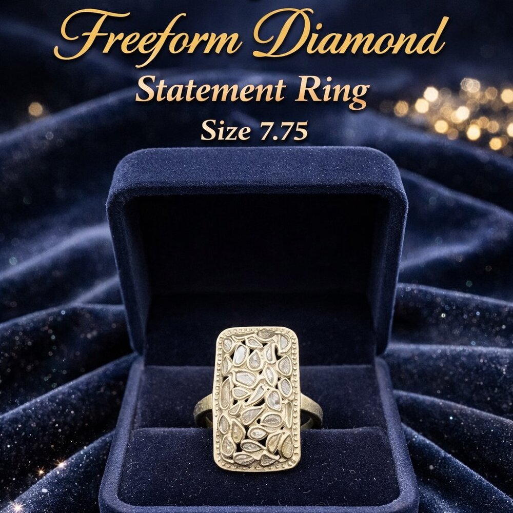 Diamond Statement Ring in Sterling Silver | Freeform Flat Cut Diamonds | Size 7.